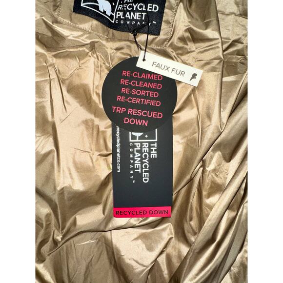 The Recycled Planet faux fur trim hooded downjacket belted brown puffer coat LG - Picture 10 of 11